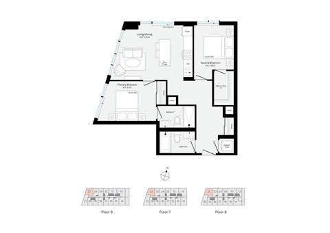 Floor plan for 2 beds, 2 baths, 792 sqft